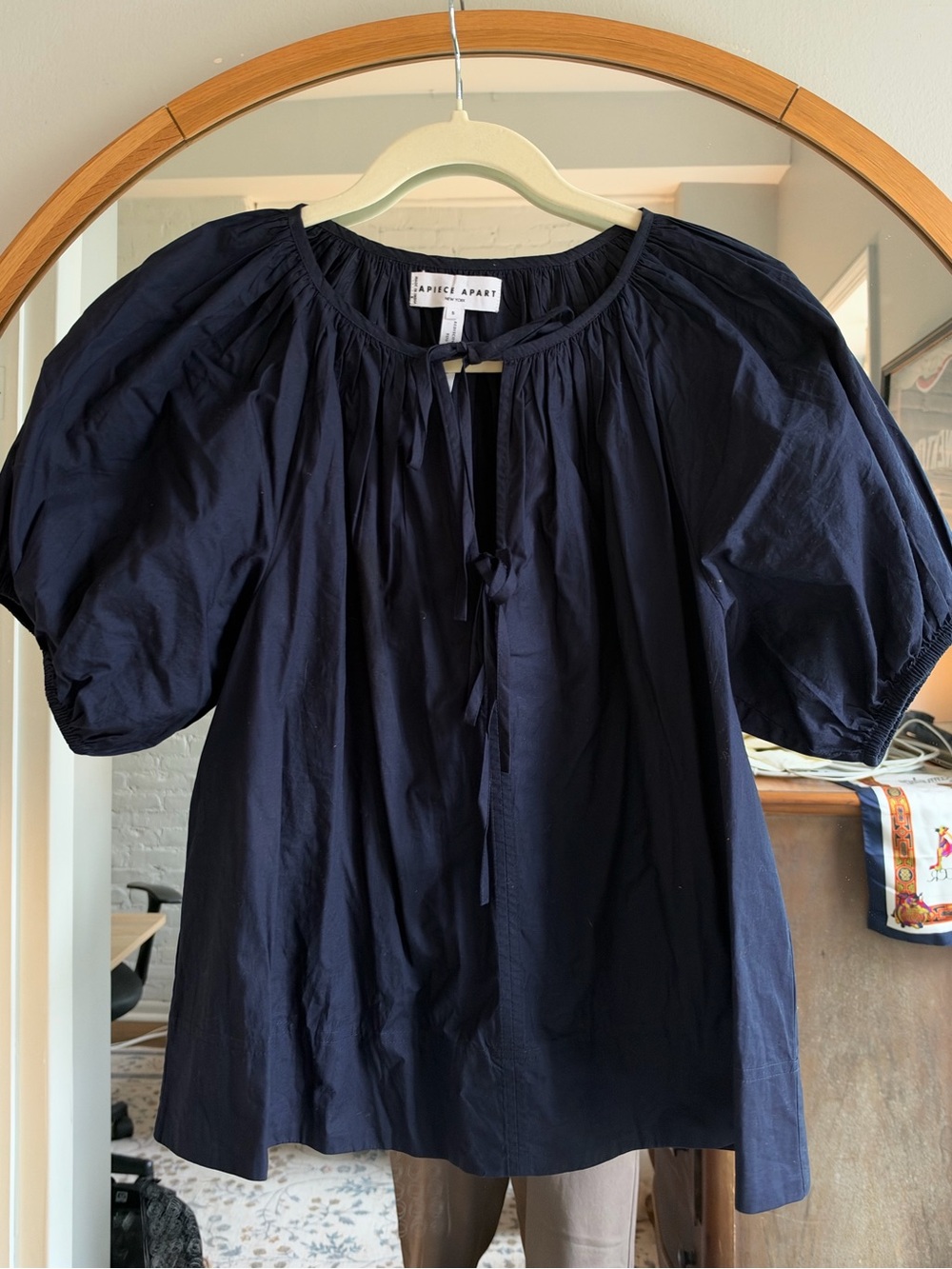 Apiece Apart Navy Puff-Sleeve Tie-Front Blouse